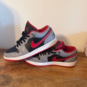 Jordan Men’s Low-Top Athletic Sneakers in Grey, Black & Red